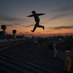 sideways landscape photo of person jumping on the roofs, high contrast, moody sunset, late night, detailed low poly characters, by greg rutkowski, alphonse mucha, beeple, sharp focus, digital art, smooth, light refraction, pixiv art, volumetric lighting, makoto shinkai