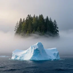 an iceberg with a forest, middle of the ocean, morning fog, art by greg rutkowski and wlop, cinematic