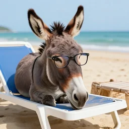 A photograph of a donkey wearing cool glasses, lying on a beach sun bed, 8k, highly detailed
