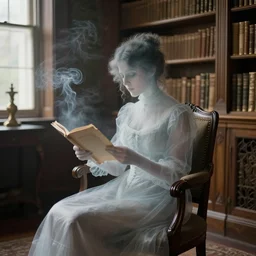 1 9 th century photography, eerie transparent ghost of a victorian woman reading in a chair, in well - lit art nouveau library room, ambient smoke, torn photograph, photorealistic