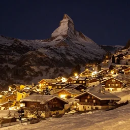 photo of a swiss village in a winter night on a mountain shape like a pyramids warm light