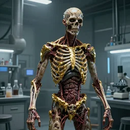 a sci-fi laboratory containing zombie with body made of exposed guts and veins, dripping golden shinny cascade of metalic liquid from ribcage