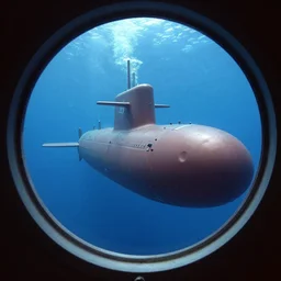 view of atlantis through the port hole of a submarine.