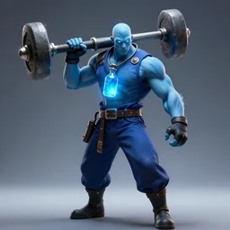 portrait art of a muscular man with light blue skin and glowing eyes, wearing a dark blue outfit with now sleeves, fingerless gloves, black shoes. He is carrying a large shoves. around his neck is a glowing light blue vial, 8k ultra realistic , lens flare, atmosphere, glow, detailed, intricate, full of colour, cinematic lighting, trending on artstation, 4k, hyperrealistic, focused, extreme details, unreal engine 5, cinematic, masterpiece