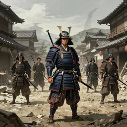 detailed ultra - realistic graphic novel illustration of patrolling samurai and warrior, desolated city district, medieval japan, by famous digital artists, cinematic, full shot