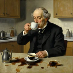 a painting of a old and strange dusty professor in black suite making a study of drinking 1 0 cups of black coffee in a kitchen that is slowly melting, styled and painted by rene magritte