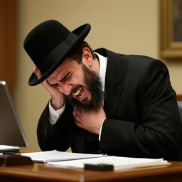 a photograph of a rabbi bent over at his desk in pain, body wracked, distorted, and screaming by a curse placed on him