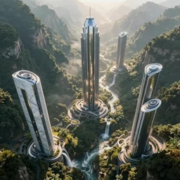 futuristic city with tall shiny marble buildings in an evergreen valley, several waterfalls, landscape, global illumination, morning light, radiant light, bird's eye view, by lois van baarle, ilya kuvshinov, rossdraws, tom bagshaw