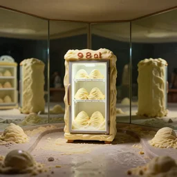 fridge in the middle of a neapolitan ice cream racetrack, from 1 9 8 5, made out of ice cream, reflected in mirrors, ice cream in background, low - light photograph, three point perspective, miniature subsurface scattering, photography tyler mitchell