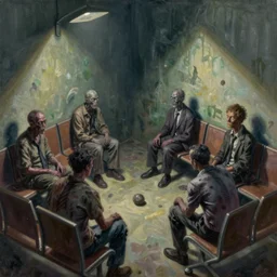 zombies waiting in a waiting room, eerie, liminal, isometric, by craig mullins, by mattias adolfsson, by shaun tan, oil on canvas,