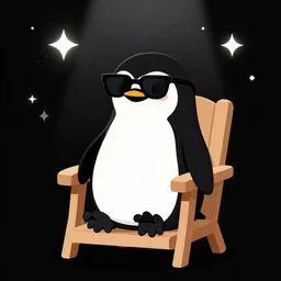 digital art of a black and white penguin sitting in a wooden chair with sunglasses on at night! black blackground with some stars and a light coming from above, vector art by tom whalen, trending on polycount, neo - dada, chillwave, global illumination, synthwave