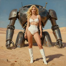 A mixed media portrait painting of a beautiful blonde woman in the sand on a desert alien planet, discarded mech in background, very curvy, aesthetic! high-waisted white-bikini-armor and boots, aesthetic symmetrical face and eyes, model, Scandinavian, by Boris Vallejo, Beeple, Frank Frazetta, Greg Rutkowski, Christian MacNevin, Alphonse Mucha, epic fantasy character art, high fantasy, CGsociety, 60's Sci-fi Pinup style, exquisite detail, post-processing, masterpiece, cinematic