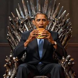 barrack obama eating a cheese burger sitting on the iron throne, highly detailed, digital painting, artstation, concept art, global illumination, ray tracing smooth, sharp focus, illustration, art by artgerm and greg rutkowski and makoto shinkai, jeremy lipkin