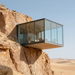 glass house built on the side of a vertical cliff, cub architecture, desert, digital painting, detailed, highly detailed, smooth, sharp focus, 3 d rendering, octane, unreal engine, digital, maya, award winning, trending on artstation