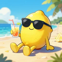 a lemon character with sun glasses sitting by the beach with a drink, digital art