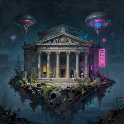 a beautiful detailed painting of abandoned athenaeum by noah bradley, at night extraterrestial nightvision architecture island gem apocalyptic retrowave neon signs, archdaily, wallpaper, highly detailed, trending on artstation.