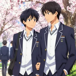 boy's love anime high school spring noon scene, high detail concept art, perfect proportions fine face, tall handsome guys, close together romantic undertones, avant designer uniform, vivid colors, realistic shaded lighting poster fantasy art artgerm, kyoani, katsuhiro, jeremy lipking and michael germash, makoto shinkai, loish, best selling artist