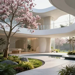 futuristic sharp focus biophilic villa interior with garden, cinematic morning light, magnolia flowers ceramic porcelain stone nebula fluid colorful architecture landscape, highly detailed furniture, granite, trees, marble, moss, vincent callebaut composition, mamou - mani, cinematic morning light, 8 k, unreal engine, uhd