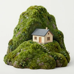 a painting of a house carved from a green mossy mountain complete with windows and doors and staircase leading to the sea below vivid colors clear outlines