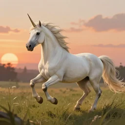 detailed fantasy creature illustration of a white unicorn running across grassy field during warm sunset, medium shot, trending on artstation, digital art ( by jesper ejsing ) ( by clint cearley ) ( by raluca marinescu )