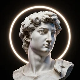 a neon circle surrounding the head of a renaissance statue, 3 d render, black background, ray tracing, 8 k resolution, sharp focus, very detailed, hyper realistic