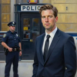 contemporary oil matte portrait painting, man in a suit next to a police officer standing outside a police station in new york, detailed faces, wonderful masterpiece highly detailed, beautiful cinematic light deep focus, elegant, smooth, sharp focus, golden ratio, dramatic illumination, ultra realistic, 8 k, art by nathan walsh and jimmy law