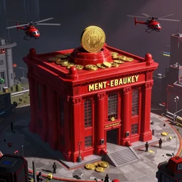 Concept Art of neo-Tokyo Maximum Security Mint Bank, in the Style of Akira, Anime, Dystopian, Cyberpunk, Red Building, Helipad, Swat Security, Crypto Valut, Helicopter Drones, 19XX