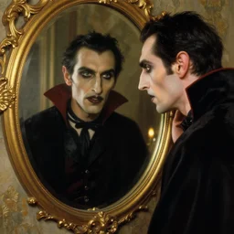 hyperrealistic portrait of a vampire watching a mirror. by jeremy mann and alphonse mucha, fantasy art, photo realistic