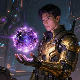 portrait sci-fi art by Moebius and Ruan Jia and Joao Silva, a glowing alien liquid metal orb floating above the hand of a soldier, solar flares, futuristic environment, detailed and intricate environment, fractal biomech, cyberpunk, neon color, purple bioluminescence, gold and black metal, dramatic lighting, cinematic, high technology, highly detailed portrait, digital painting, artstation, concept art, smooth, sharp focus, ilustration, Artstation HQ