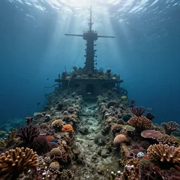 a underwater ship ruins covered by corals, godrays, epic image, path traced, shipwreck, hyperrealistic, concept art, octane render, unreal engine 5, some fish, centered, symmetrical, low contrast, cinematic, soft lighting, high coherence, digital painting, masterpiece, digital art, serene scenery, old, elegant
