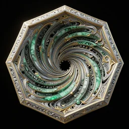 three dimensional multilayered pattern vortex inside a hexagonal shape from the twisting nether, swirling, intricate detail, complex, jade, gold, silver, obsidian, ornate,