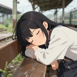 a cute girl on a bench sleeping, an abandoned overgrown trainstation, establishing shot, close - up shot, anime visual render. wlop, rossdraws, detailed anime illustration, detailed stylized portrait, details, sharp and clean, 3 2 mm f / 2. 8, iso 1 0 0, 1 / 8 0 0, f / 3. 2