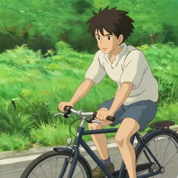 a film still of a person riding a bicycle on a road near a forest, delicate features finely detailed perfect art, green field, gapmoe yandere grimdark, trending on pixiv fanbox, painted by greg rutkowski makoto shinkai takashi takeuchi studio ghibli