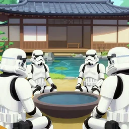 close - up image of a japanese house with a pond, stormtroopers sitting around it, pop - art style, the style of andy warhol, roy lichtenstein and jackie tsai, bright and saturated palette, acrylic on canvas