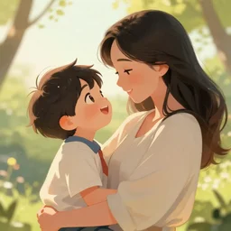 beautiful cinematic style illustration where a mother appears with her happy son