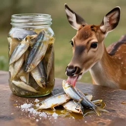 Pickled herring perks up the abhorrent fawn's appetite. It sleazily licks its lips as it gobbles down the fish. Shards of salt and oil sprinkle the floor. Jarred by the disgusting meal, the deer turns its eyes toward you.
