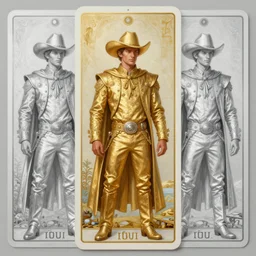 a dramatic ethereal epic symmetrical painting of one cowboy wearing gold and one cowboy wearing silver | tarot card, art deco, art nouveau, (steampunk), homoerotic, realistic | by Mark Maggiori and ((((Alphonse Mucha))) | trending on artstation