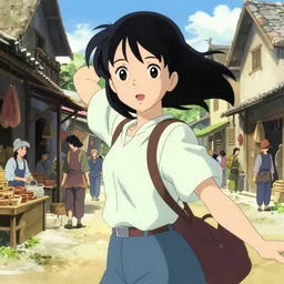 anime visual, portrait of a young female traveler in a busy medieval village exterior shopping, cute face by ilya kuvshinov, yoh yoshinari, makoto shinkai, dynamic pose, dynamic perspective, cel shaded!!!, flat mucha, rounded eyes, crisp smooth clean lines, dramatic, strong silhouette