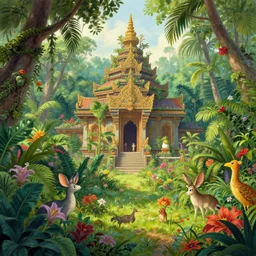 a jungle temple surrounded by beautiful tropical flowers and plants, thomas kinkade, greg rutkowski, james gurney, trend in artstation