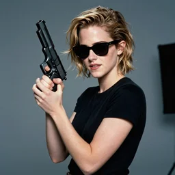 model The Terminator (1984) movie poster emma watson wearing sunglasses holding a pistol iphotoshoot f/1.4 14mm