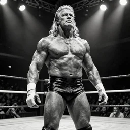 black and white, wrestler hulk hogan, photorealistic, ring of fire, painted by beksinski
