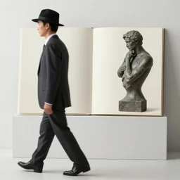 a man in a suit and hat walking past a sculpture, an album cover by storm thorgerson, behance contest winner, precisionism, concert poster, criterion collection, official art