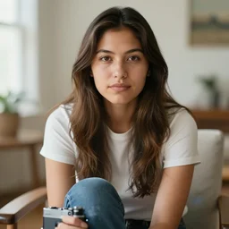portrait photograph of an extremely beautiful!!!! young native American female, Moody look on her face, natural light, wearing a t-shirt and jeans!! Brown hair. Brown eyes. Sitting in a chair in a bright room. looking at the camera!!. super resolution. Extremely detailed. Graflex camera!, bokeh!!!!! trending on artstation.