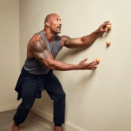 Dwayne Johnson throwing eggs at a plaster wall, photo