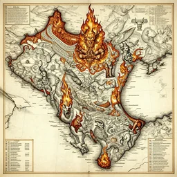 intricate detailed ancient map of the regions of hell and the dimensions of the damned, inferno flames demons daemons purgatory limbo, technical cartography with annotations and notes in the margins