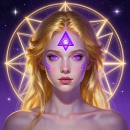 centered head and shoulders portrait of a girl with glowing purple third eye chakra and golden hair, geometric third eye triangle, sci - fi face, glowing geometric mandal background, breathtaking stars, elegant, highly detailed, digital painting, artstation, concept art, smooth, sharp focus, illustration, art by artgerm and greg rutkowski and alphonse mucha, psychedelic