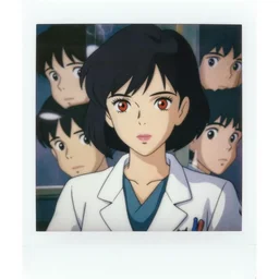 a polaroid full body portrait of a very confident 1 9 5 0's doctor disney style girl, red eyes, finely detailed features, closeup at the faces, perfect art, in the hospital, gapmoe yandere grimdark, trending on pixiv fanbox, painted by greg rutkowski makoto shinkai takashi takeuchi studio ghibli, akihiko yoshida,