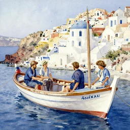 boat, santorini, intricate environment, impressionistic watercolor painting by denis sarazhin, alvaro castagnet, kim jung gi, john singer sargent, simon stalenhag, thomas kinkade, craig mullins