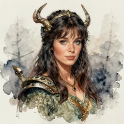 a realistic and atmospheric watercolour fantasy character concept art upper body image of a young jane fonda in her 2 0 s posing as a druidic warrior wizard looking at the camera with an intelligent gaze by rebecca guay, michael kaluta, charles vess and jean moebius giraud