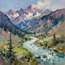 Realist colorful impasto painting of the Salmon River mountains by John Harris, 4k scan, oil on canvas, visible brushstrokes